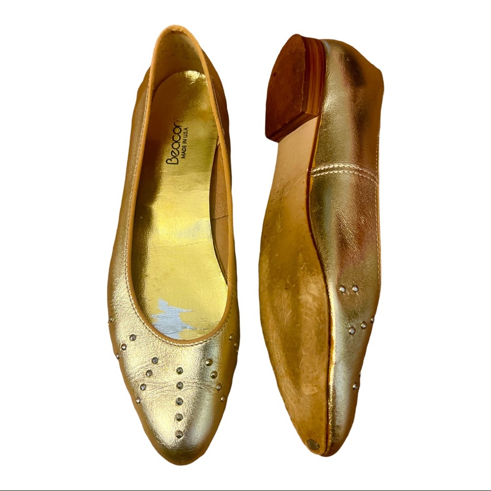 1990’s Vintage Shiny Gold Jeweled Slip On Flats Shoes , Size 7.5N‎